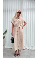 Sukienka Koszulowa Maxi Premium Wiązana w Pasie Elegancka Oversize Guziki Kieszenie - szampański